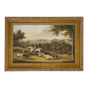 Horse and Hunter With Hounds Painting Reproduction Print on Canvas, 15x23.5", Antiqued Gold Wood & Gesso Frame