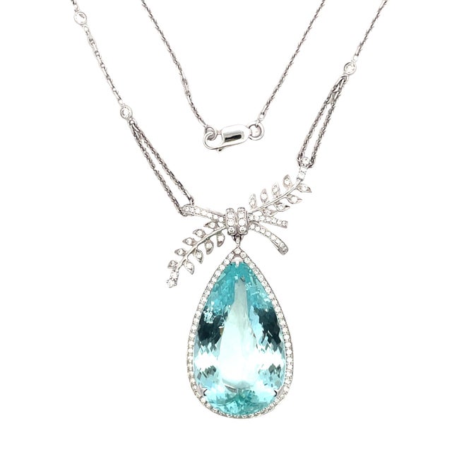 Blue Platinum Necklace With 48.67-Carat Pear-Cut Aquamarine & Diamonds For Sale - Image 8 of 18