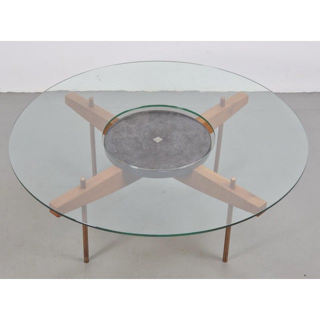 Round Glass Coffee Table with Wood X-Base, 1970 For Sale - Image 13 of 17