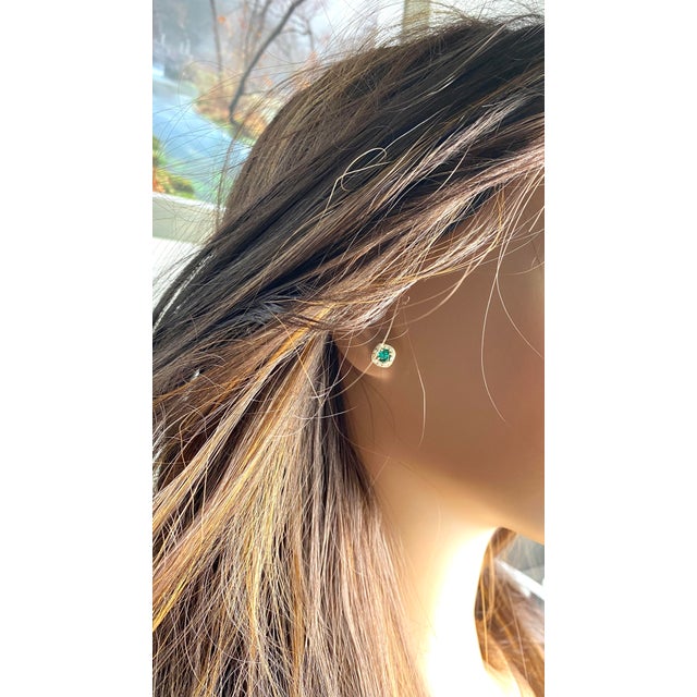 Green 14k Yellow Gold Round Emerald and Diamond Micro-Pavé Ascher-Style Stud Earrings - 2 Pieces For Sale - Image 8 of 8