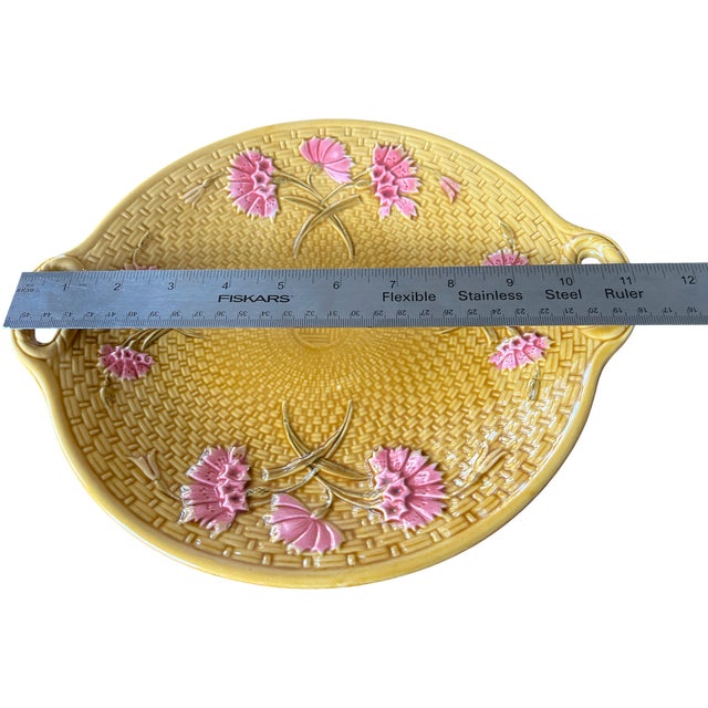 Antique Gs Zell Majolica Pink Dianthus Carnations on Basketweave Porcelain Platter, Germany, C. 1890s For Sale In Jacksonville, FL - Image 6 of 8