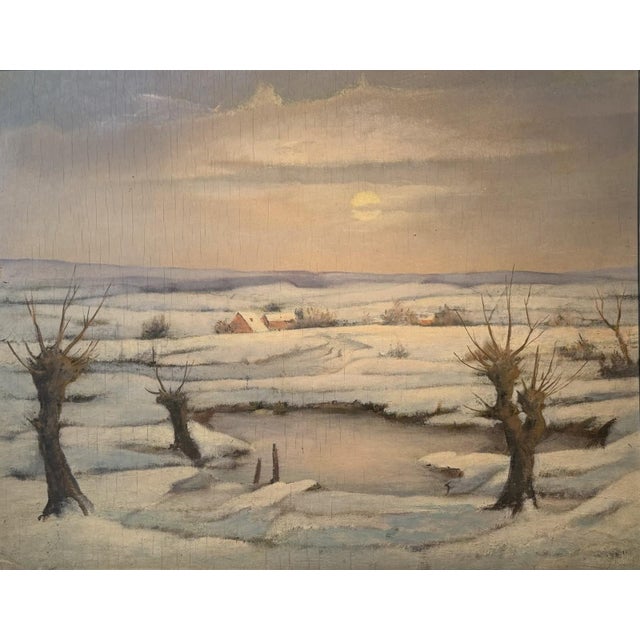 Karl Mons, Schwalm, Winter Landscape with Pollarded Willows, Snow, Ice and Evening Sun, Oil Painting on Canvas, in Very...