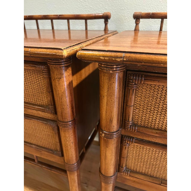 Brown 1970’s Thomasville Faux Bamboo and Rattan Chinoiserie Hollywood Regency Nightstands - A Pair For Sale - Image 8 of 12