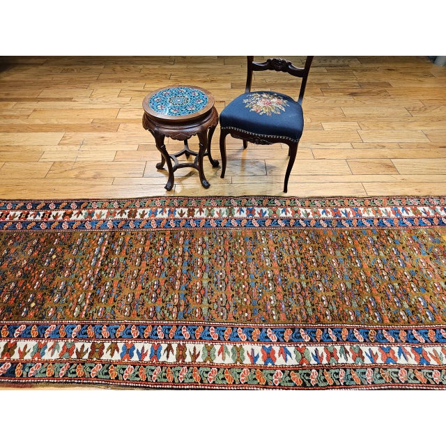 Vintage Persian Kurdish Camelhair Runner Rug, Hand-Knotted Wool, Allover Pattern, 4x14, Camelhair & Ivory For Sale - Image 9 of 18
