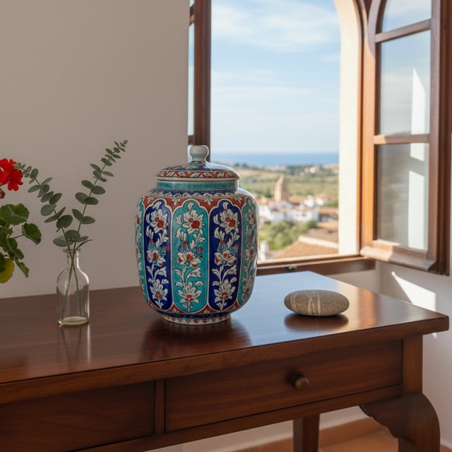 Handmade Ceramic Jar (25cm) “Aegean Columns” Design – Rhythmic Cobalt & Turquoise Architecture For Sale - Image 6 of 11