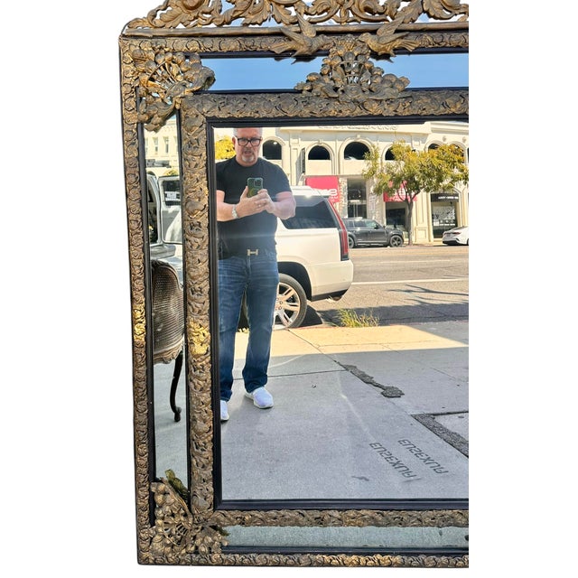 Huge Antique French Repose Brass Mounted Mirror W Birds & Flowers.