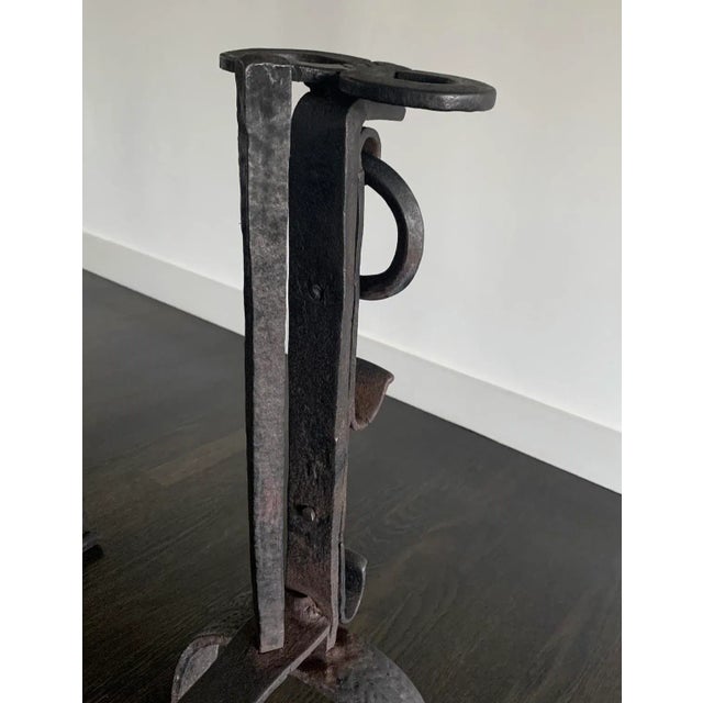 Black Antique Ramshead, European Wrought Iron Andirons. A Pair For Sale - Image 8 of 12