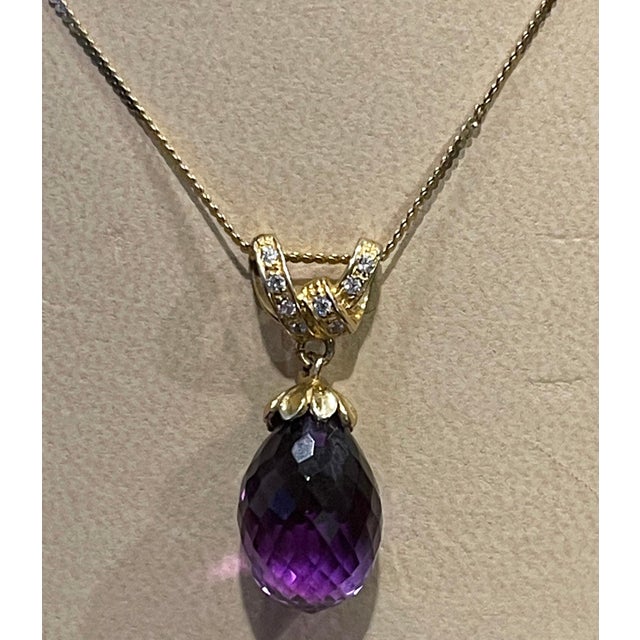 Metal Checkerboard Amethyst Drop & Diamond Pendent/Necklace 14 Karat Yellow Gold Chain For Sale - Image 7 of 18