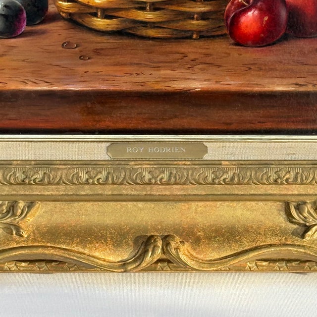 Still Life with Fruit in Basket - Vintage Oil in Ornate Frame by British Artist 1987 For Sale - Image 6 of 12