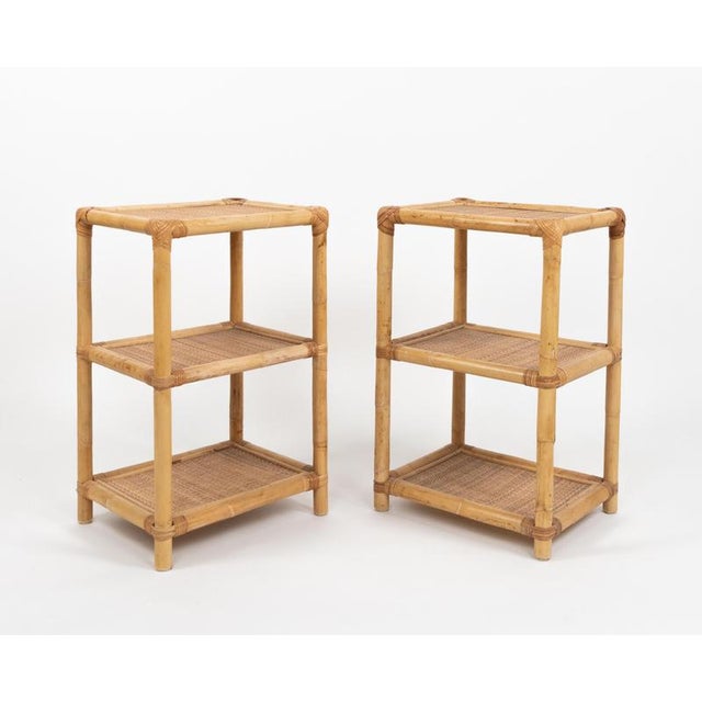 Midecentury beautiful pair of side table or nightstands in bamboo, rattan and wicker with three levels . Made in Italy in...