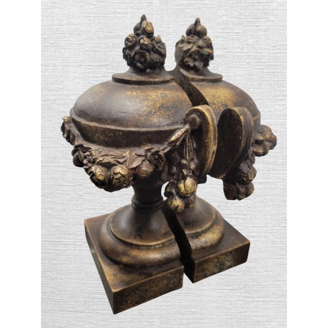 1990s Vintage Neoclassical Antiqued Gold Classic Urn Shaped Bookends- A Pair For Sale - Image 5 of 9