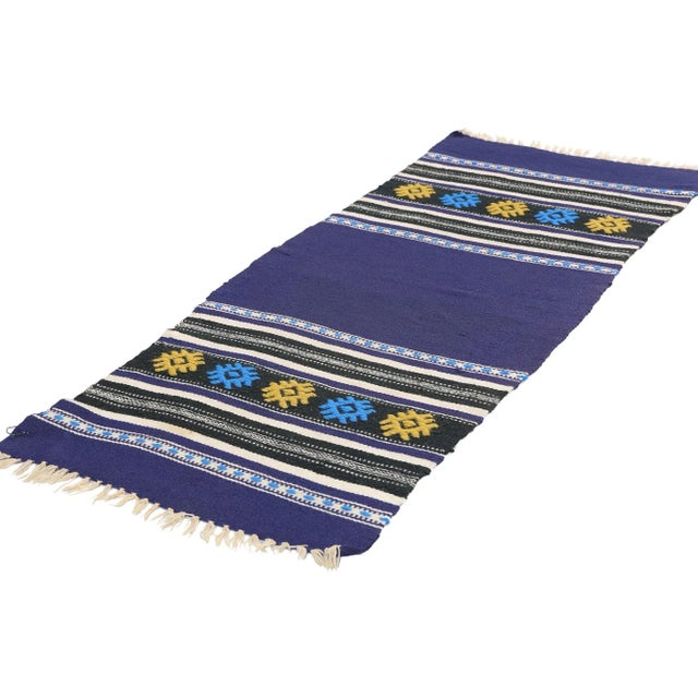 78798 Vintage Blue Cretan Greek Kilim Rug, 01'06 x 03'10. Handwoven Greek kilim rugs from Crete are traditional textiles...