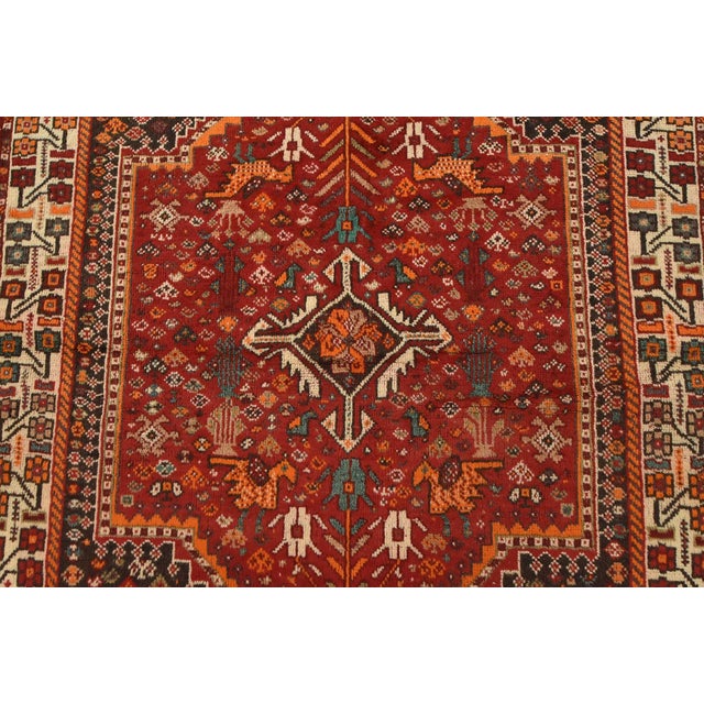 1990s Shiraz Rug 3’10” X 5′ Red Wool Vintage Tribal Hand-Knotted Oriental Carpet For Sale - Image 5 of 13