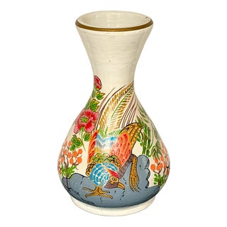 Vintage Thick Potted White Glazed Earthenware Pottery Vase with Rooster and Floral Decoration, 1970s For Sale
