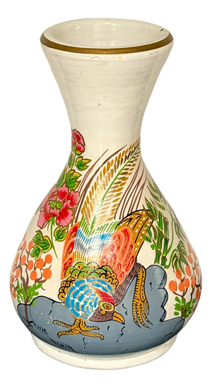 Vintage Thick Potted White Glazed Earthenware Pottery Vase with Rooster and Floral Decoration, 1970s