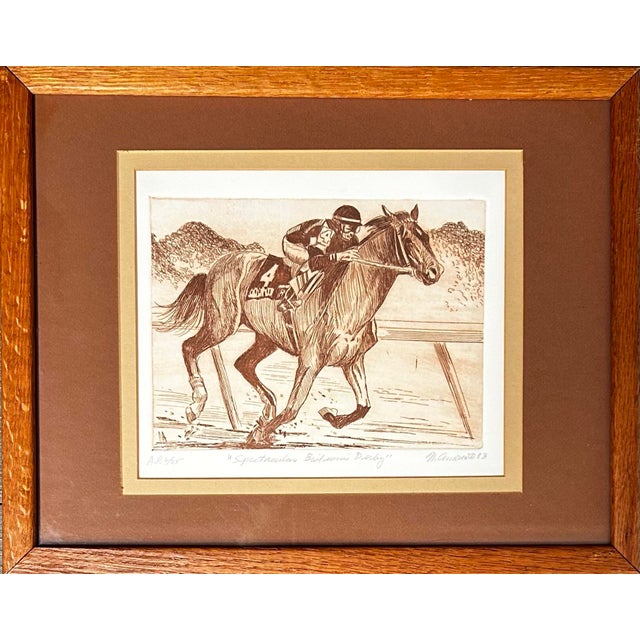 Impressionist Vintage 1983 Framed Etching of “Spectacular Bid” Kentucky Derby Winning Race Horse For Sale - Image 3 of 6