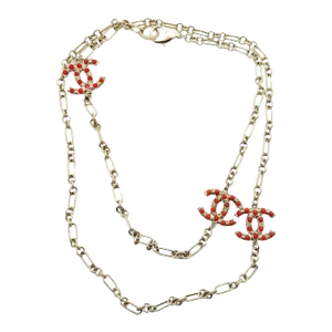 Chanel Gold CC Red Bead Chain Necklace