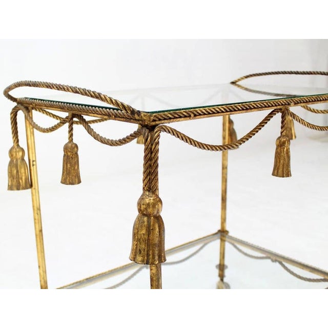 Mid 20th Century Midcentury Italian Gold Gilt Metal Rope and Tassels Glass Top Bar Tea Cart Wheel For Sale - Image 5 of 10