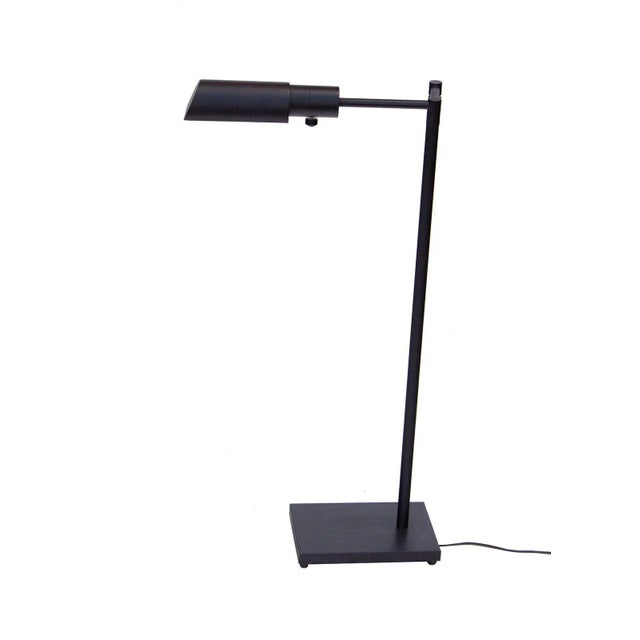 Taiwan, 1990s Library style adjustable swing arm floor lamp in black finish. Telescoping height, pictured at its lowest....