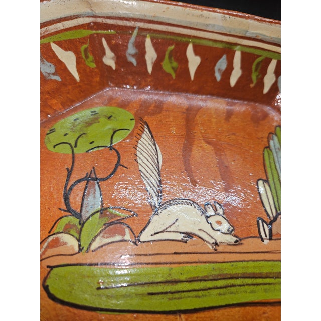 1970s Vintage 50s Mexican a.b. Tlaquepaque Redware Handpainted Terra Cotta Lg Dish W Rabbit For Sale - Image 5 of 5