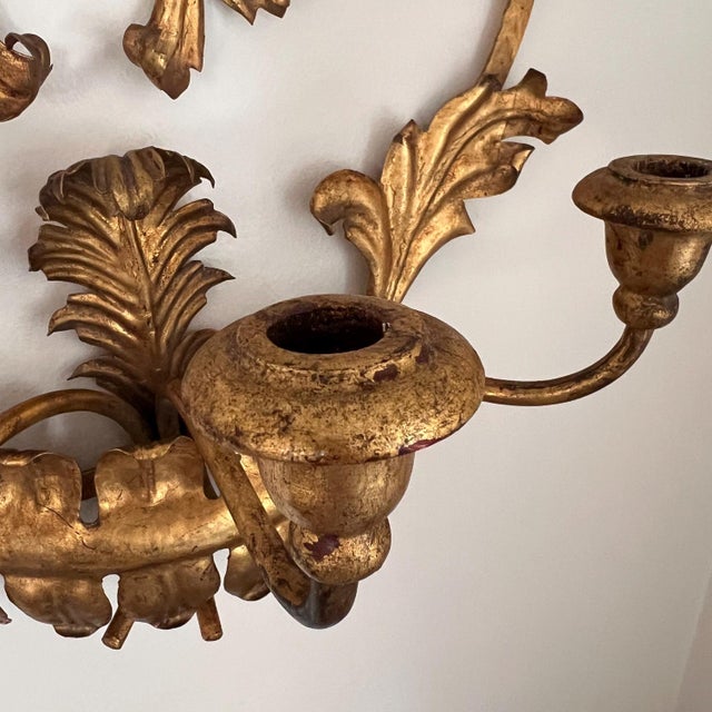Beautiful vintage tole 3-arm candle sconce // Italian toleware // gilt // gold leaf // made in Italy // grandmillenial decor // preppy For Sale In Kansas City - Image 6 of 10