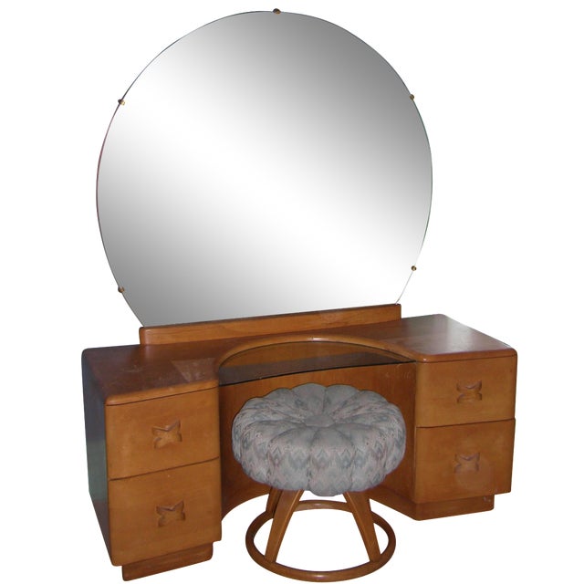 Heywood Wakefield Rio Vanity with Padded Stool | Chairish