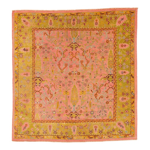Antique Zabihi Collection Square Turkish Oushak Pink Chartreuse Rug