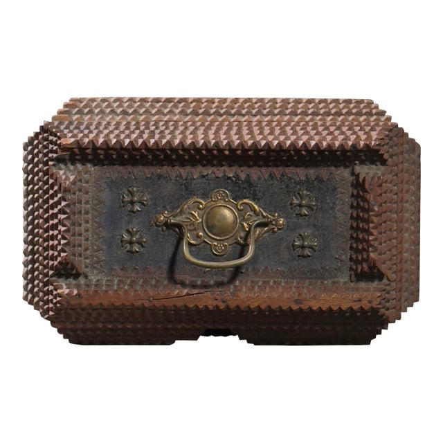 Antique Chip Carved Footed Tramp Art Box With Blue Velvet Inserts For Sale