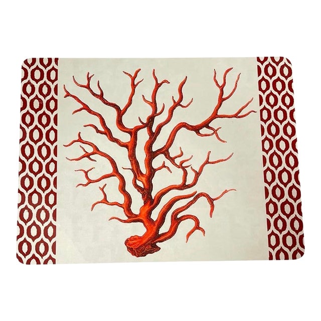 Coastal Cork-Backed Hardmat Placemat – Red Sea Coral With Ikat Border For Sale