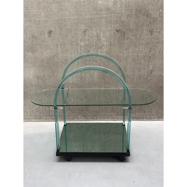 Postmodern Italian Curved Green Glass Bar Cart by Fiam, 1980s For Sale - Image 4 of 11