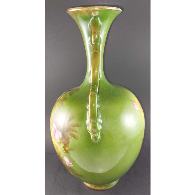 1890s - 1910s European 2-Handle Porcelain Vase Hand Painted Roses Green Yellow 16" For Sale - Image 4 of 8