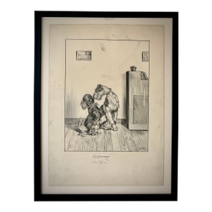 Vintage Framed Black 7 White Dog Illustration Palm Beach Artist Vincenzo Zito