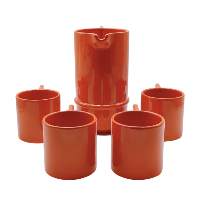 Mid-Century Modern Il Picchio Orange Ceramic Cups with Jug, Italy, 1970s, Set of 5 For Sale - Image 3 of 6