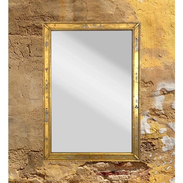 Wood Vintage Chinoiserie Gilt La Barge Style Faux Bamboo Rectangular Wall Mirror, Miniature Hand Painted Figures & Landscapes For Sale - Image 7 of 12