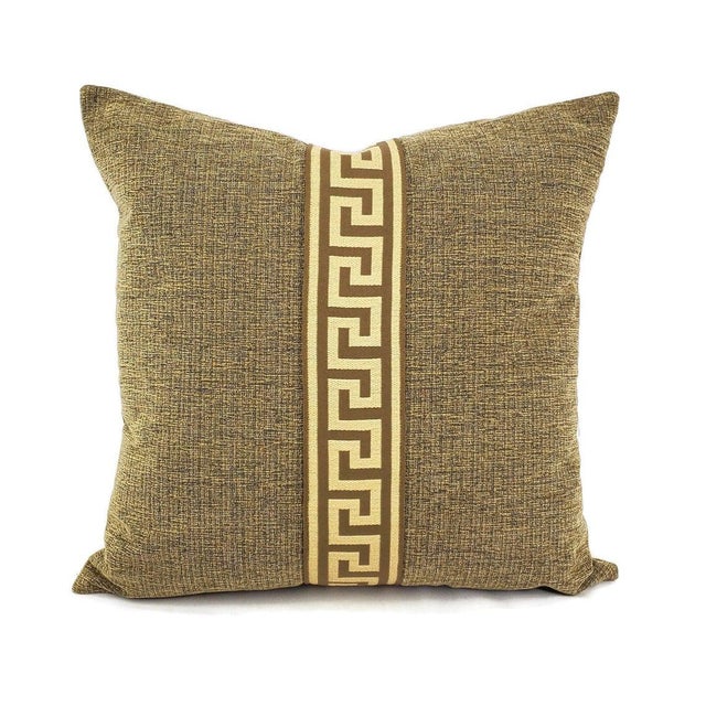 Textile Tan and Black Textured Chenille With Brown and Cream Greek Key Trim Pillow Cover - 20" X 20" Solid Textured Chenille Cushion Cover For Sale - Image 7 of 7