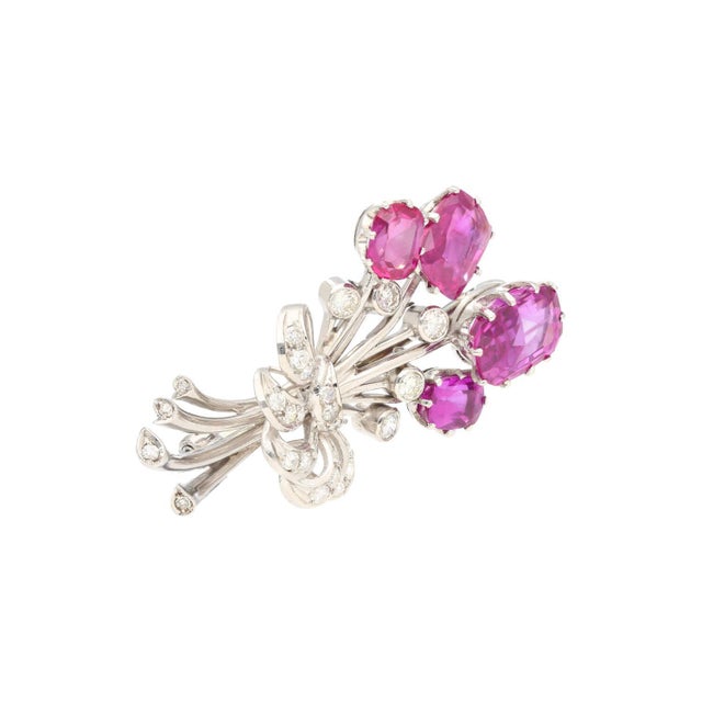 Modern Agl Certified No Heat Ceylon Pink Sapphire and Diamond Platinum Floral Brooch For Sale - Image 3 of 8