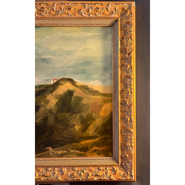 Oil Painting of a French Landscape With Shepherd Playing a Flute and Leading Sheep… For Sale - Image 9 of 9