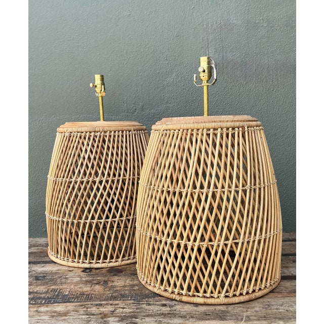 Wood Vintage Woven Rattan Lamps - A Pair For Sale - Image 7 of 12