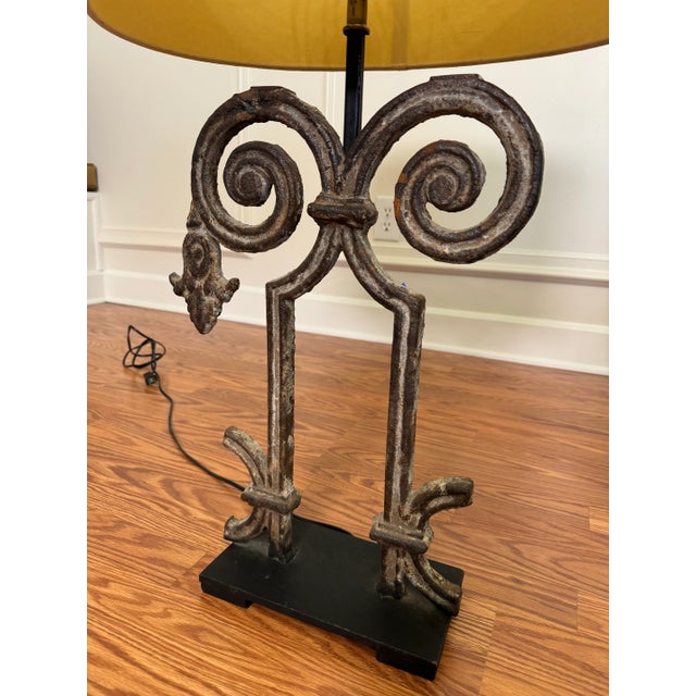 Farmhouse Vintage Old World Wrought Iron Architectural Element Table W/Custom Shade Lamps, a Pair For Sale - Image 3 of 12