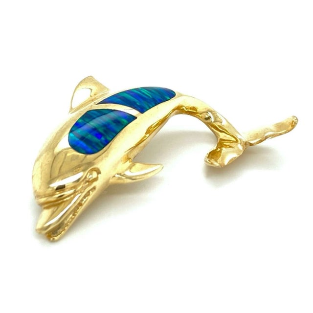 Late 20th Century Opal Inlay Dolphin 14k Yellow Gold Charm Pendant For Sale - Image 5 of 7