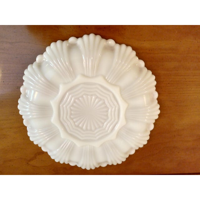Mid-Century Modern Vintage Anchor Hocking Milk Glass Egg Plate With Gold Trim For Sale - Image 3 of 5