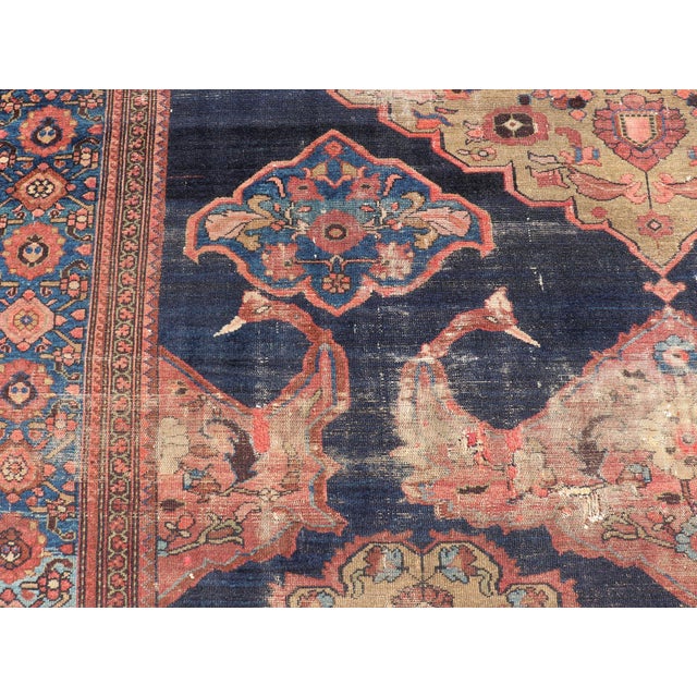 Large Antique Persian Malayer Rug Navy Field Medallion Floral Design Rug For Sale - Image 11 of 15
