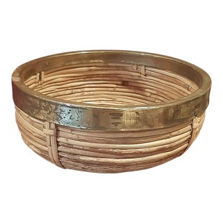 Vintage Pencil Reed Basket Brass Trim For Sale