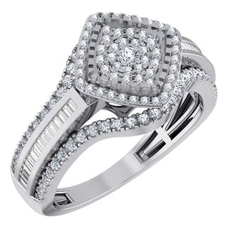10K White Gold Round Baguette Diamond Square Head Sz 7 Designer Ladies Ring 3/4 Cttw For Sale
