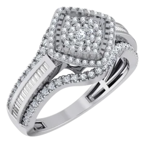 10K White Gold Round Baguette Diamond Square Head Sz 7 Designer Ladies Ring 3/4 Cttw