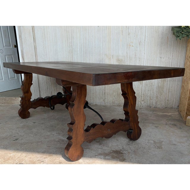 Baroque 20th Century Spanish Baroque Style Walnut Lyre Legs Trestle Dining Table For Sale - Image 3 of 12