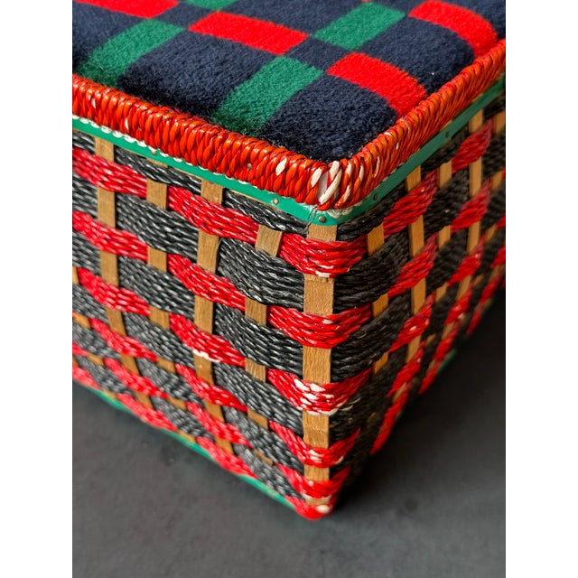 Red Plaid Woven Rattan Sewing Basket For Sale - Image 13 of 16