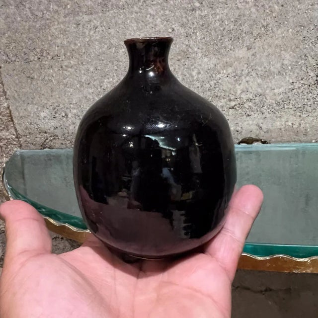 Mid-Century Modern Japanese Bud Vase Dark Brown Glaze Pottery Mingei Tenmoku For Sale - Image 4 of 11