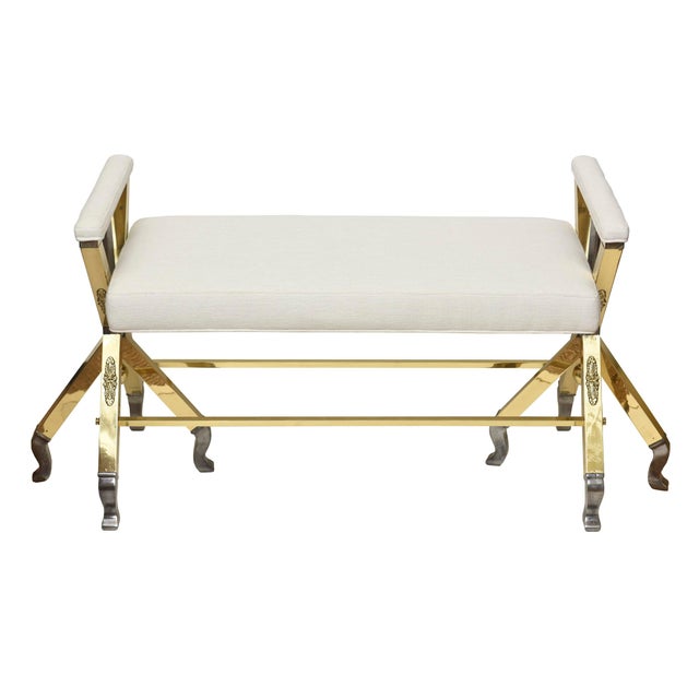 Mid Century Modern 3 Legged Bench With Two Metals and Off White Upholstery, Restored, 1950's For Sale - Image 11 of 11