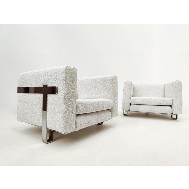 Mid-Century Modern pair of armchairs by Luigi Caccia Dominioni for Azucena, Chrome and Bouclé Fabric, 1960s. New...